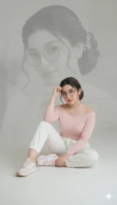 Girl with glasses sitting on floor with a large faded shadow face behind created using Gemini AI Photo Prompt Copy Paste.