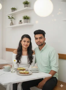 A young romantic couple sitting together in a cozy café, posing for a soft aesthetic portrait inspired by Gemini AI Romantic couple photo prompts.