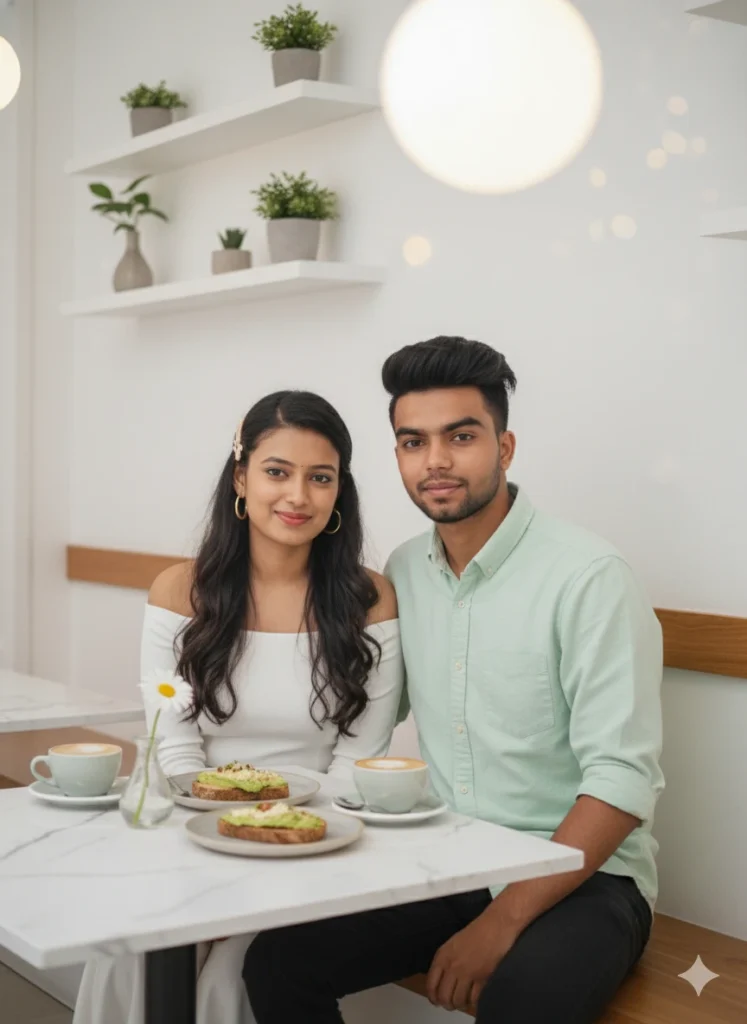 A young romantic couple sitting together in a cozy café, posing for a soft aesthetic portrait inspired by Gemini AI Romantic couple photo prompts.