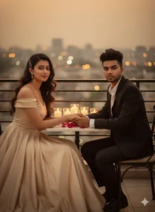 Couple holding hands during a candlelight rooftop date at sunset, inspired by Gemini AI Romantic Gemini Couple Photo.