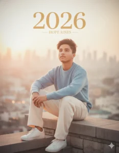 Young man smiling in a white sweater against a mint green background – New Year 2026 AI Photo Prompt 2026