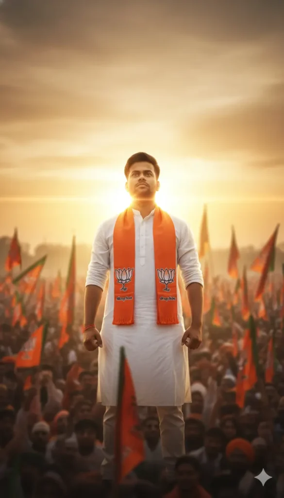 AI-generated BJP Prompt photo of a man in white kurta with orange scarf standing confidently before a sunset-lit election crowd in Bihar