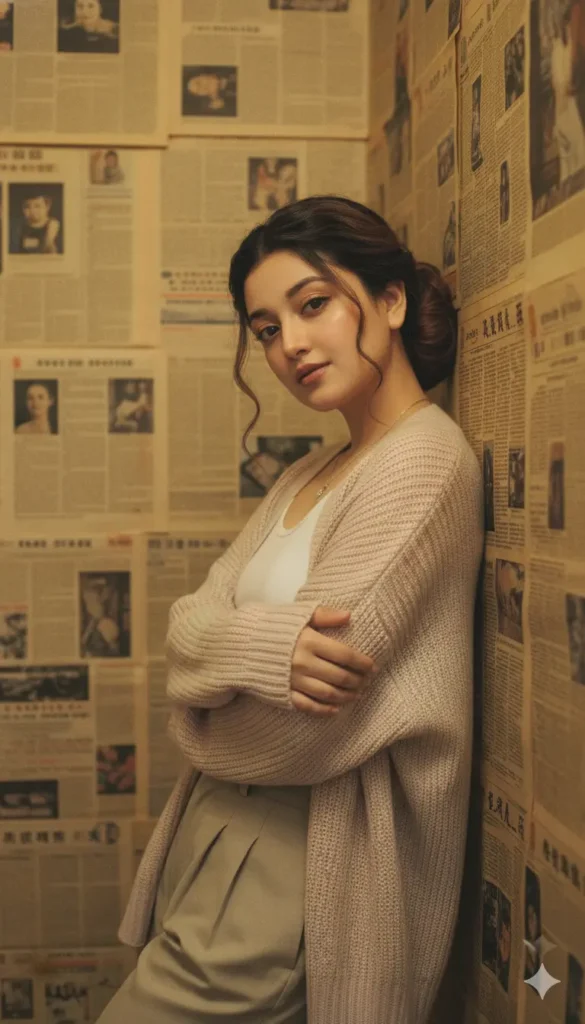 Girl standing in a vintage newspaper room with soft cinematic lighting — Newspaper Studio Gemini AI Photo Prompts style portrait.