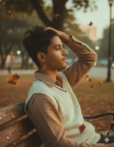 Young boy sitting on a park bench with falling autumn leaves, created using gemini Romantic AI photo Prompt.