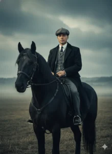 AI portrait of a man in a grey three-piece suit and flat cap standing on an industrial street, cigarette in mouth, Peaky Blinders Prompt created with Google Gemini AI