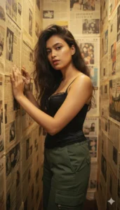 Young woman posing against vintage newspaper walls in cinematic lighting — Newspaper Studio Gemini AI Photo Prompts concept.