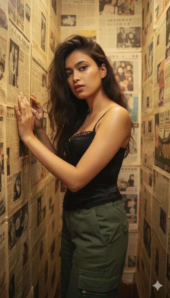 Young woman posing against vintage newspaper walls in cinematic lighting — Newspaper Studio Gemini AI Photo Prompts concept.