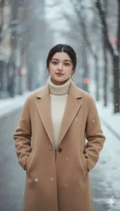 Gemini AI winter snow photo of girl wearing beige coat on snowy street aesthetic portrait
