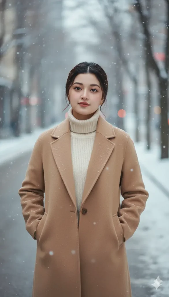 Gemini AI winter snow photo of girl wearing beige coat on snowy street aesthetic portrait