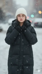 Gemini AI snowfall girl photo wearing black winter jacket and white wool cap in snow aesthetic portrait