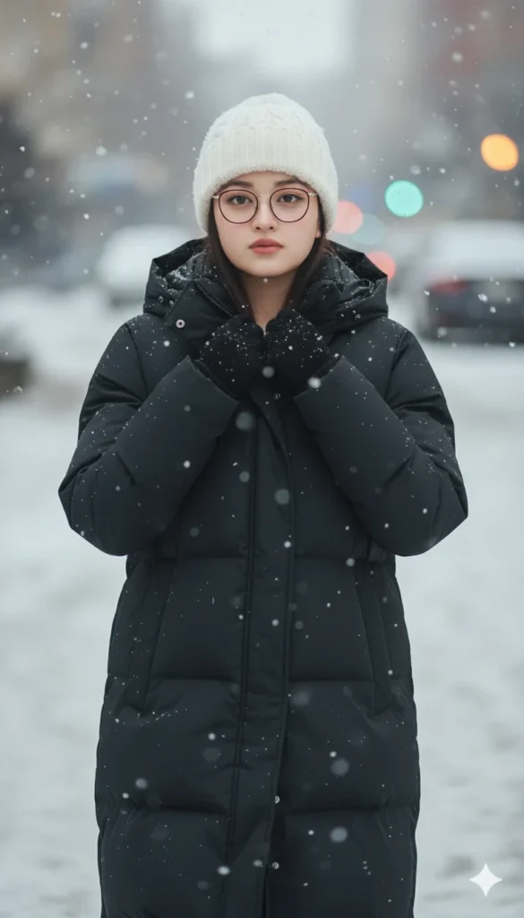 Gemini AI snowfall girl photo wearing black winter jacket and white wool cap in snow aesthetic portrait