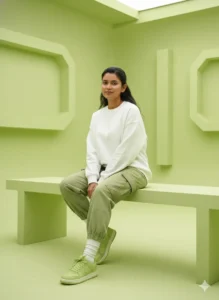 Minimal aesthetic portrait of a woman in pastel green background wearing casual outfit, created using Google Gemini AI photo editing trend for girls on Instagram 2025