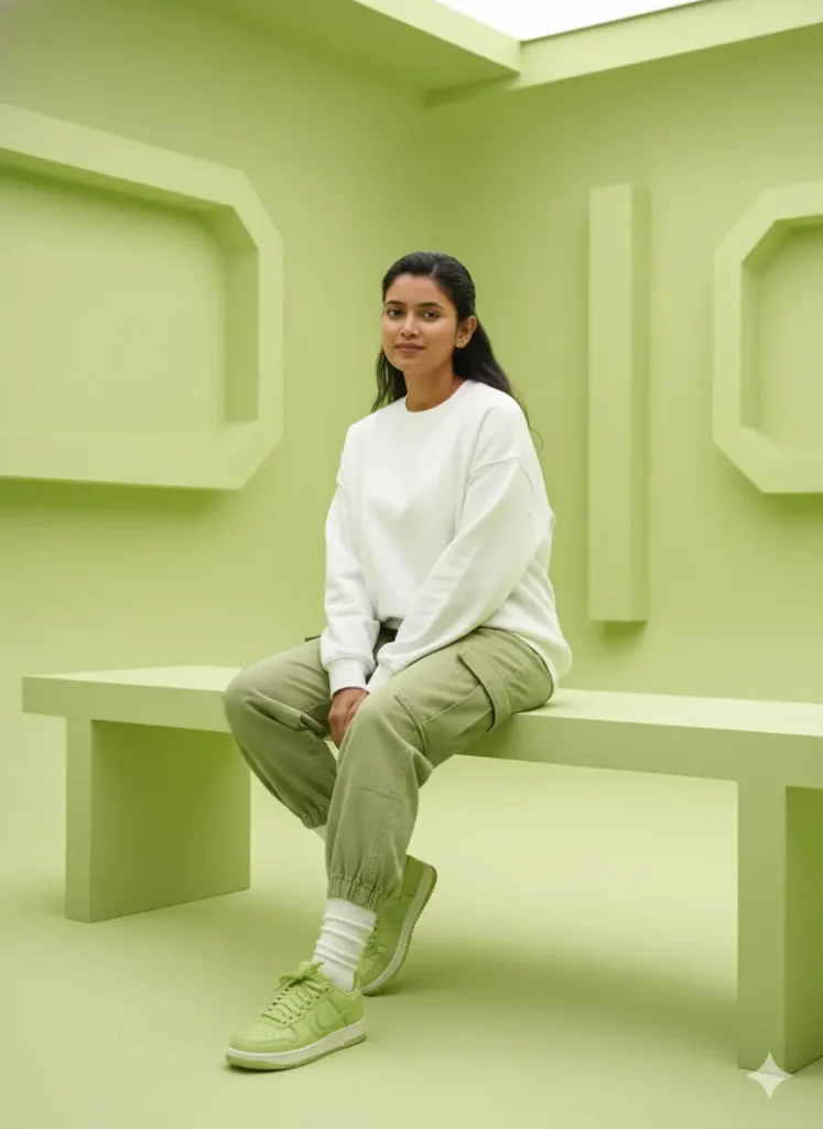 Minimal aesthetic portrait of a woman in pastel green background wearing casual outfit, created using Google Gemini AI photo editing trend for girls on Instagram 2025
