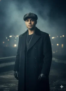Moody AI portrait of a man wearing a black overcoat and flat cap at night, fog and lights in the background – Peaky Blinders Prompt aesthetic using Google Gemini AI