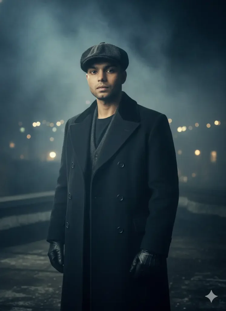 Moody AI portrait of a man wearing a black overcoat and flat cap at night, fog and lights in the background – Peaky Blinders Prompt aesthetic using Google Gemini AI