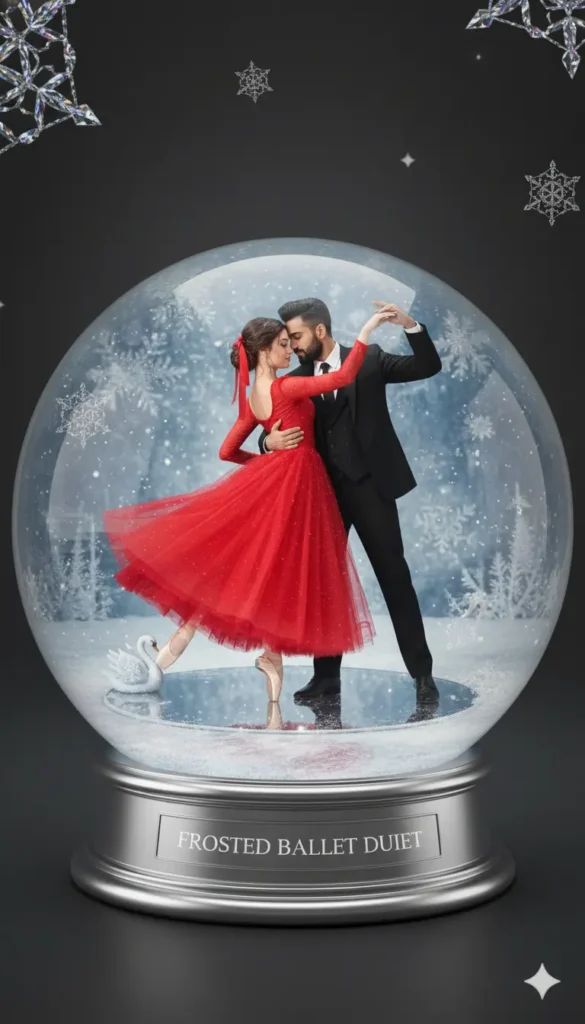 Girl in blue royal gown surrounded by ice crystals inside a magical snow globe – Gemini AI Crystal Ball Photo Prompt For Girl