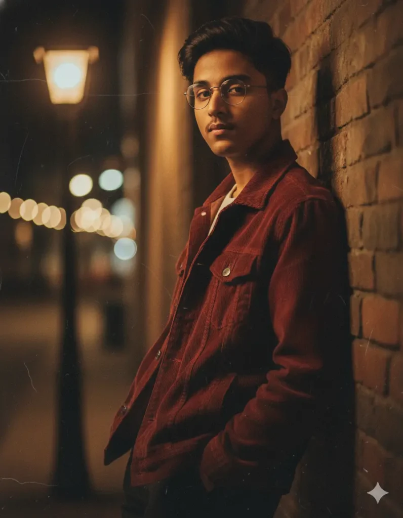 Boy in a red jacket leaning against a brick wall at night with bokeh lights, generated using gemini Romantic AI photo Prompt.