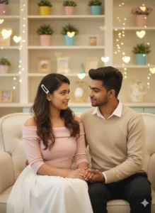 Aesthetic indoor couple portrait with soft pink tones and heart-shaped lights inspired by Gemini AI Romantic couple photo prompts.