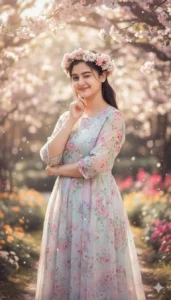 cute girl pose created with Gemini AI, featuring aesthetic poses like wink, kiss, heart hands, angel halo, floral crown and soft pastel backgrounds trending on Instagram in 2025