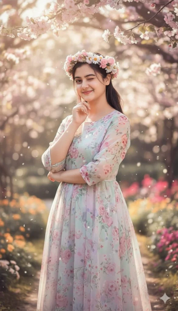 cute girl pose created with Gemini AI, featuring aesthetic poses like wink, kiss, heart hands, angel halo, floral crown and soft pastel backgrounds trending on Instagram in 2025