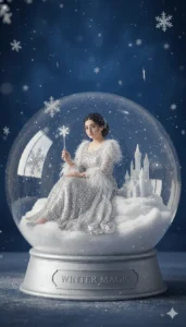 White ballerina with swan inside frosted crystal dome – Gemini AI Crystal Ball Photo Prompt For Girl