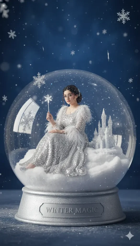 White ballerina with swan inside frosted crystal dome – Gemini AI Crystal Ball Photo Prompt For Girl
