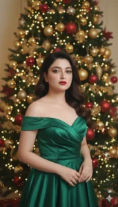 Elegant woman in green dress posing in front of Christmas tree | Gemini AI Christmas Photo Prompt 2025