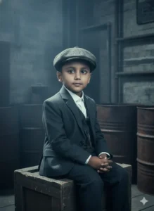 A young boy sitting on a wooden crate in an industrial setting created with Top 5 Kids Gemini AI Photo Prompts.