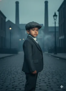 A kid standing on a foggy vintage street created using Top 5 Kids Gemini AI Photo Prompts.