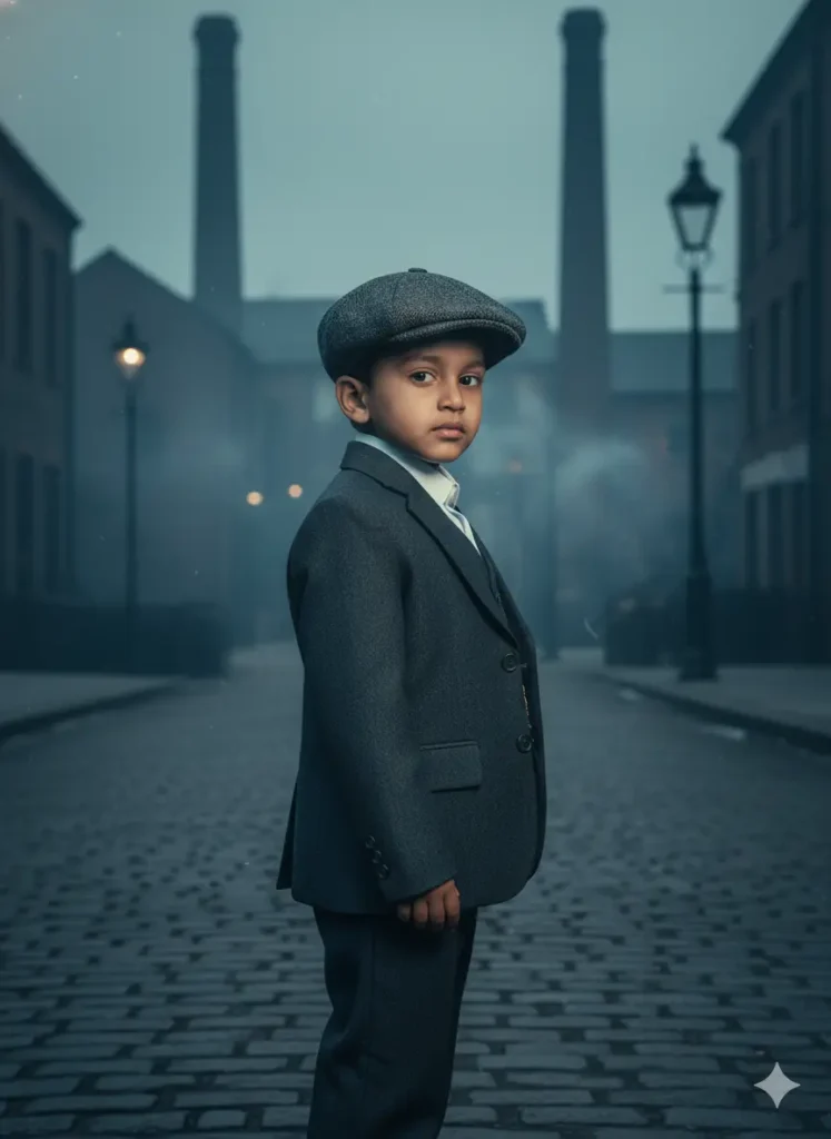 A kid standing on a foggy vintage street created using Top 5 Kids Gemini AI Photo Prompts.