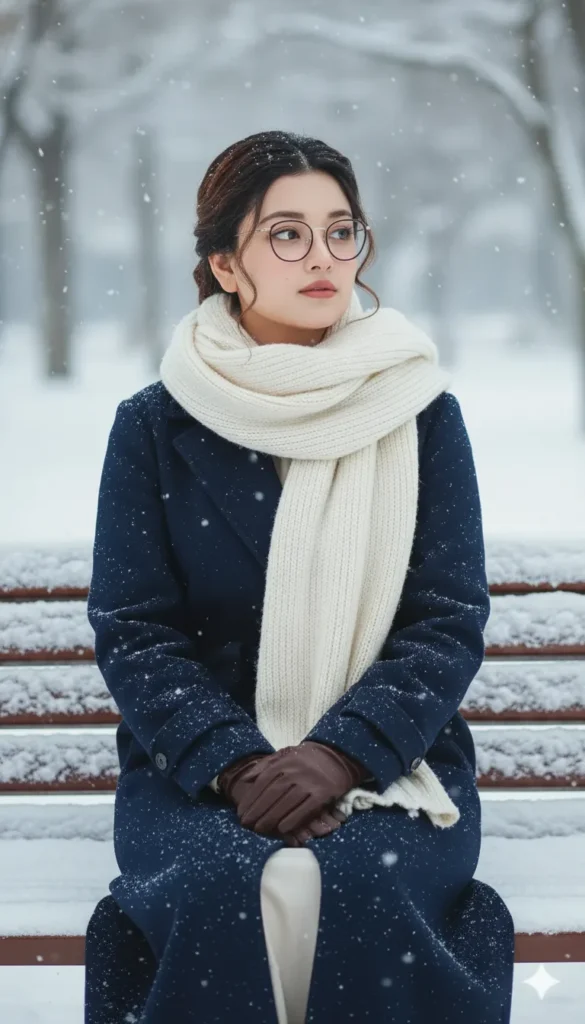 Gemini AI winter snow photo editing girl sitting on a bench wearing blue coat and white scarf in snowfall aesthetic