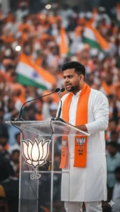 BJP Prompt AI photo of a man delivering a speech at a political rally podium wearing a saffron scarf, created with Google Gemini AI photo editing trend 2025