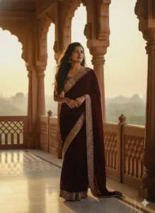 AI-generated portrait of a girl in a maroon saree standing in a palace corridor during golden hour, created using prompt for Gemini AI girl in saree.