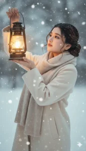 Girl holding a glowing lantern in heavy snowfall, generated using Gemini AI winter snow prompts for girls.
