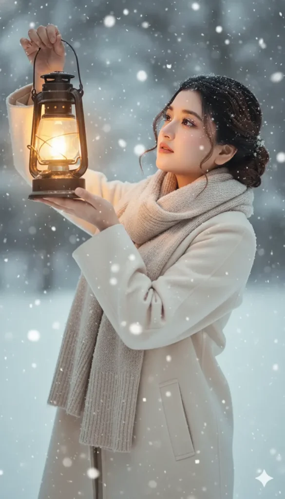 Girl holding a glowing lantern in heavy snowfall, generated using Gemini AI winter snow prompts for girls.