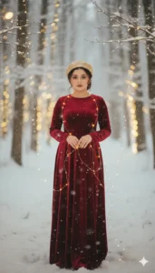 Woman wearing red velvet dress wrapped in fairy lights in snowy forest | Gemini AI Christmas Photo Prompt 2025