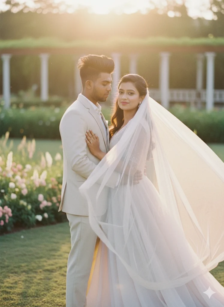 A romantic couple in a cinematic outdoor wedding photoshoot, standing together in soft sunset lighting, showcasing a beautiful bridal veil and emotional connection — perfect example of Gemini AI Romantic Couple Photo Prompts.