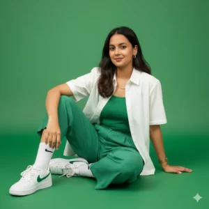 Stylish woman in a green outfit sitting confidently on a green background, representing the Google Gemini AI photo editing trend for girls on Instagram 2025