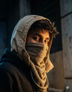 Young man in a beige hoodie and scarf mask with warm cinematic lighting, generated with gemini Masked AI photo Prompt.