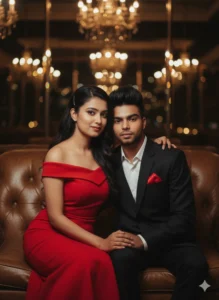 Elegant couple posing indoors with chandelier lighting, showcasing a glamorous look inspired by Gemini AI Romantic couple photo prompts.
