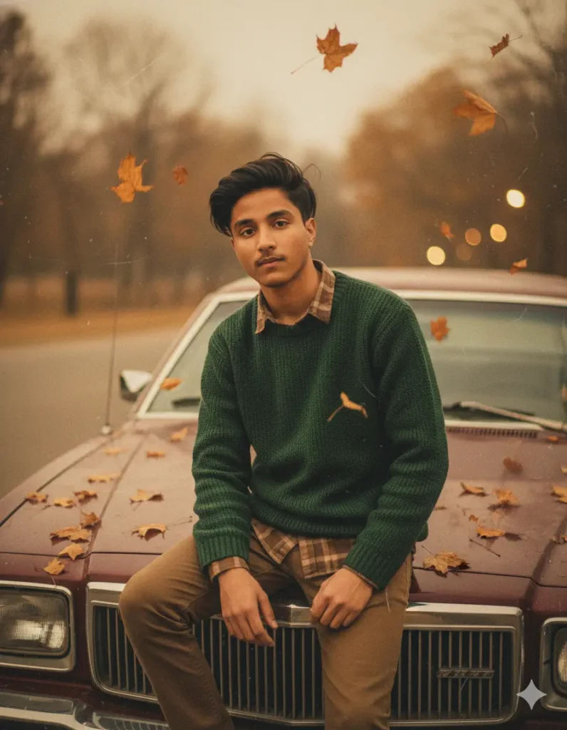 Boy sitting on a classic car surrounded by falling autumn leaves, created with gemini Romantic AI photo Prompt.
