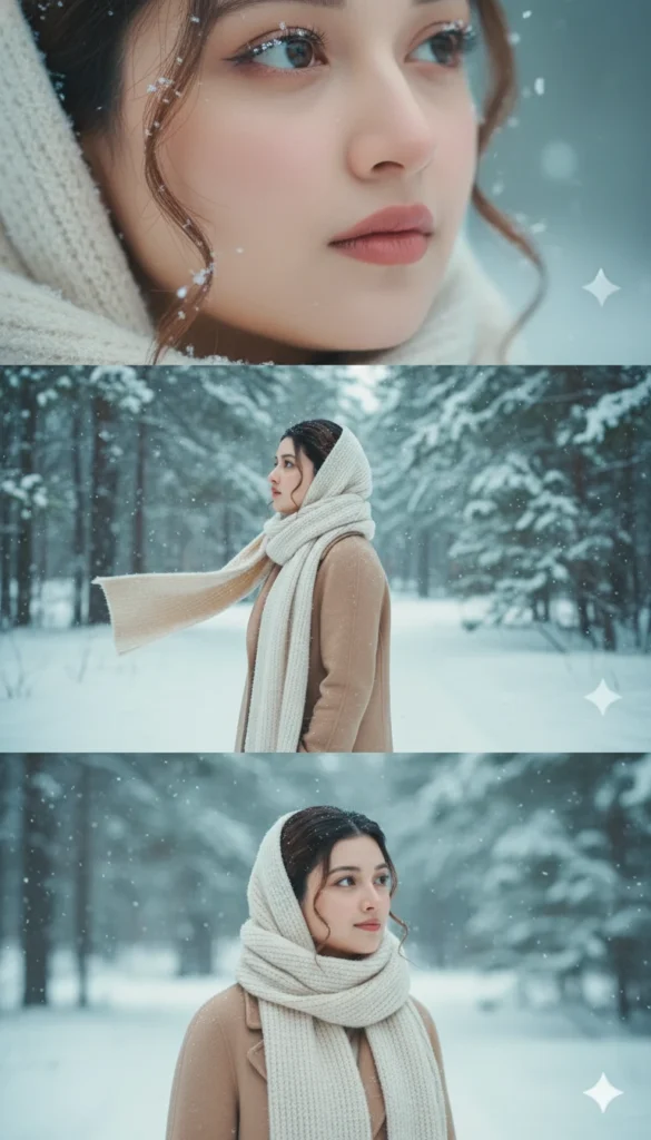 Girl in beige winter outfit posing in snowfall; generated using soft aesthetic Google Gemini 3 layer photo prompt.