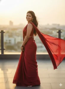 AI-generated image of a girl in a red saree standing on a rooftop during sunset, created using prompt for Gemini AI girl in saree with cinematic lighting.