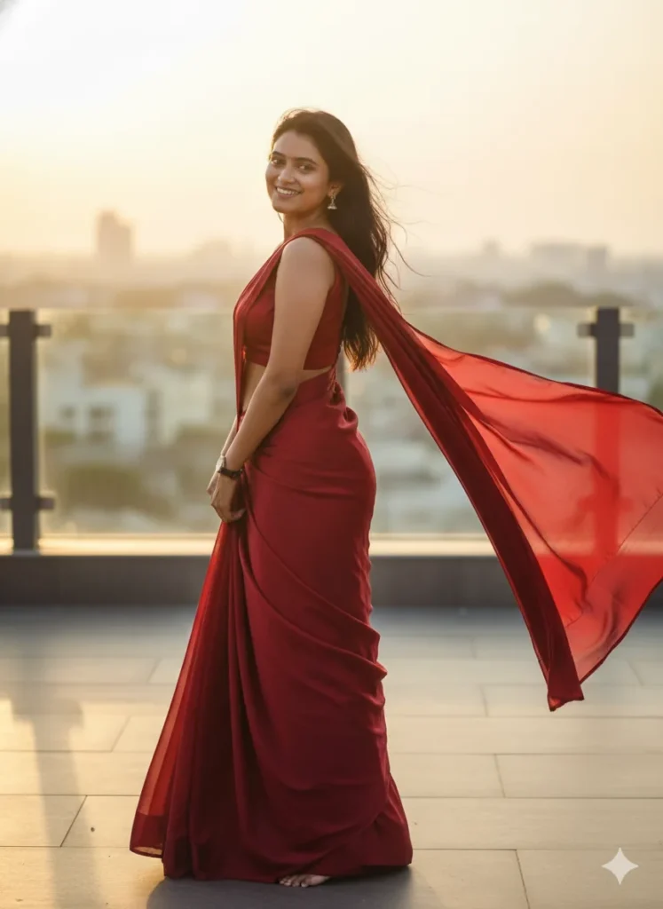AI-generated image of a girl in a red saree standing on a rooftop during sunset, created using prompt for Gemini AI girl in saree with cinematic lighting.
