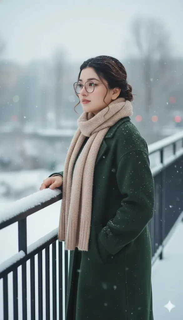 Gemini AI snowfall girl photo in green coat looking at distance near railing winter aesthetic portrait