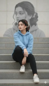 Girl sitting on stairs with a monochrome blurred shadow portrait behind using Gemini AI Photo Prompt Copy Paste.