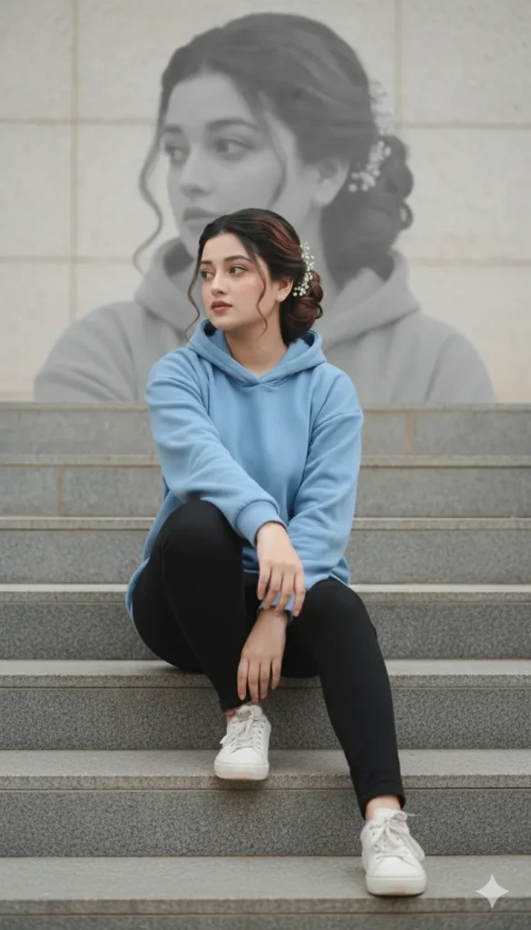 Girl sitting on stairs with a monochrome blurred shadow portrait behind using Gemini AI Photo Prompt Copy Paste.