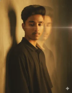 Retro cinematic portrait with reflection and golden light created using Trending Gemini AI 90s Style Photo Prompt featuring a Boy.