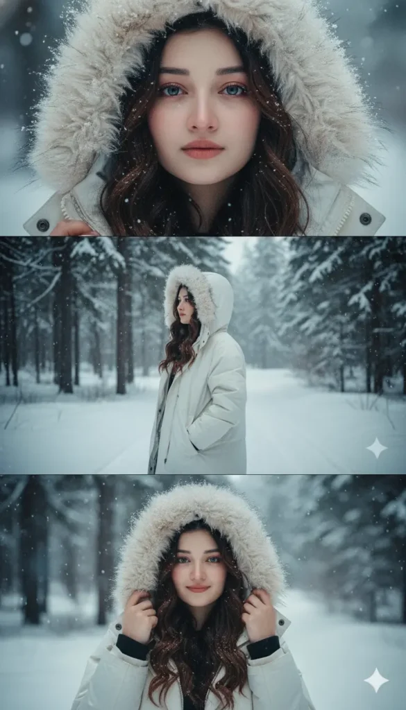 Three-layer winter portrait created using a Google Gemini snowfall photography prompt with a girl in a white hooded jacket.