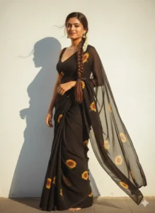 AI-generated portrait of a girl in a black saree with sunflower prints created using the prompt for Gemini AI girl in saree, cinematic golden-hour lighting.